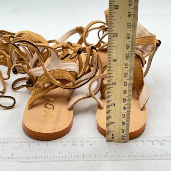 YDN Women  Knee High Lace up Flats Fringe Low Heel Gladiator Strap Sandals Brown - Picture 5 of 7